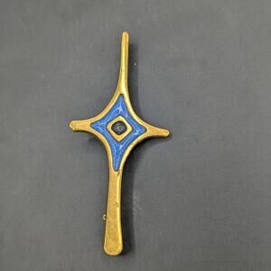 Rare Vintage Bernard Chaudron Modernist Cross Brooch Blue Enamel Brutalist Art